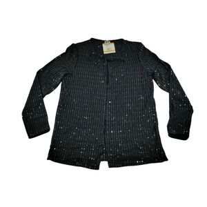 Elegant Black Sequined Striped Open Front Cardigan‎ Long Sleeve Jacket  Size S